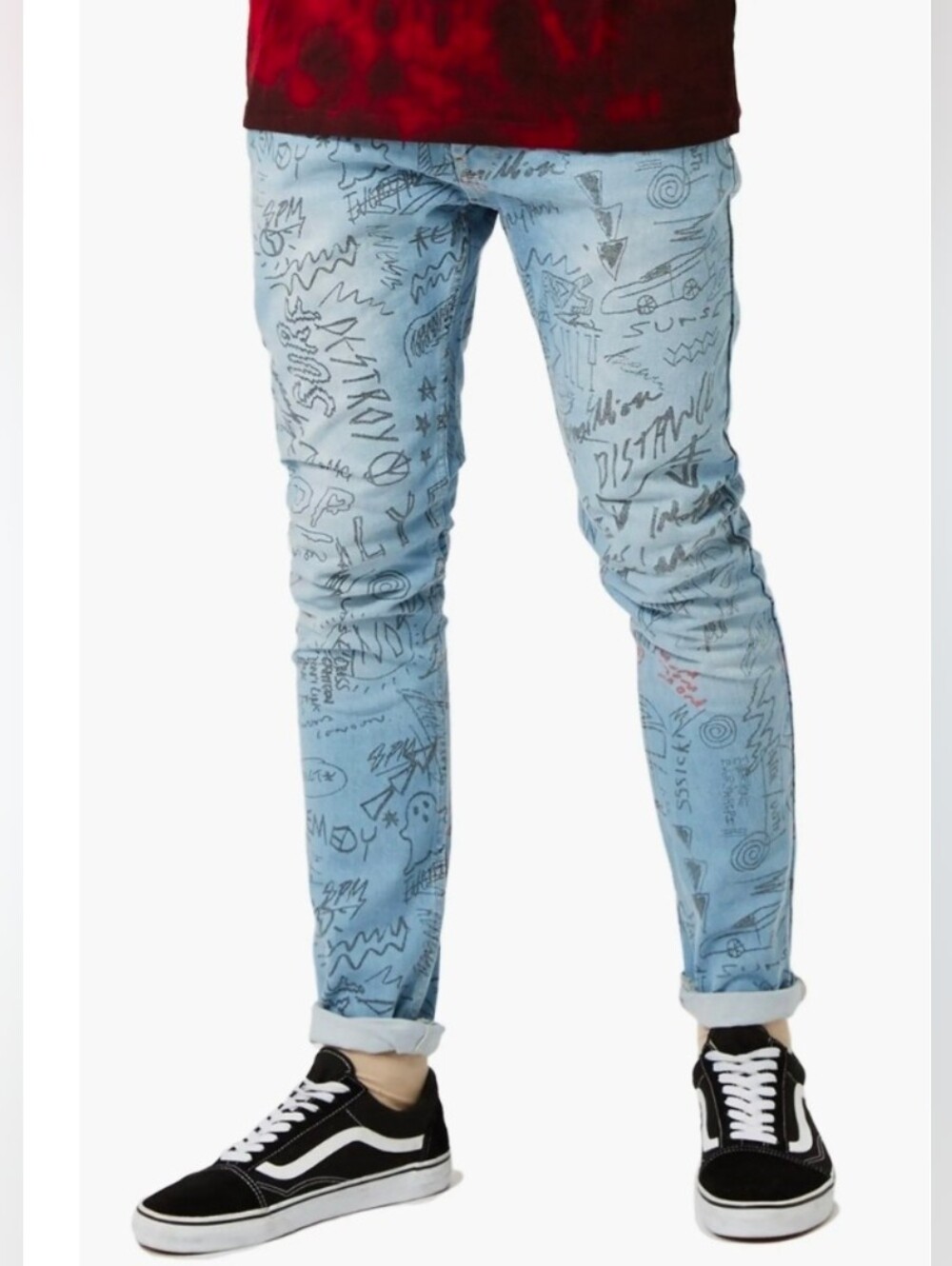 Topman Doodle Print Stretch Skinny Fit Jeans Size 32